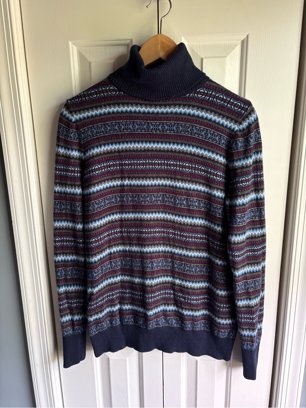 LL Bean Womens Blue Fair Isle Print Turtleneck Sweater Cashmere Blend Size M